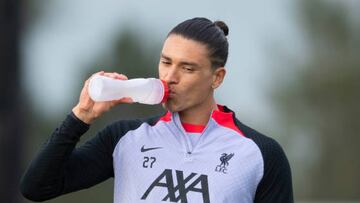 LIVERPOOL, SCOTLAND - OCTOBER 03: Darwin Nunez during a Liverpool training session at the AXA Training Centre, on October 03, 2022, in Liverpool, Scotland. (Photo by Ross MacDonald/SNS Group via Getty Images)