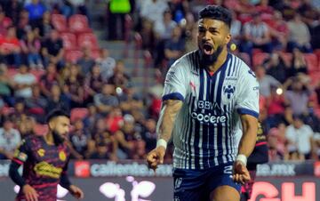 Monterrey's Rodrigo Aguirre celebrates after scoring against Tijuana during their Mexican Apertura 2022 tournament football match at the Caliente stadium in Tijuana, Baja California state, Mexico, on August 28, 2022. (Photo by Guillermo Arias / AFP)
