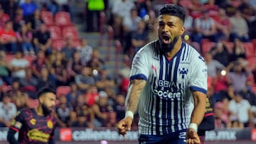 Monterrey's Rodrigo Aguirre celebrates after scoring against Tijuana during their Mexican Apertura 2022 tournament football match at the Caliente stadium in Tijuana, Baja California state, Mexico, on August 28, 2022. (Photo by Guillermo Arias / AFP)
