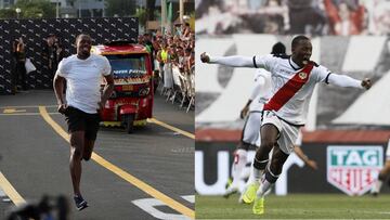 Usain Bolt compite durante una carrera promocional en Per&uacute; y Luis Advincula celebra un gol con el Rayo Vallecano.