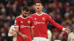 Manchester United&#039;s Portuguese striker Cristiano Ronaldo reacts after Liverpool scored their third goal during the English Premier League football match between Manchester United and Liverpool at Old Trafford in Manchester, north west England, on Oct