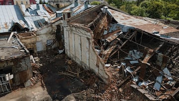 CHERNIHIV, UKRAINE - MAY 28: An aerial view shows a heavily damaged Chernihiv Regional Youth Center building on May 28, 2022 in Chernihiv, Ukraine. Chernihiv, northeast of Kyiv, was an early target of Russia's offensive after its Feb. 24 invasion. While they failed to capture the city, Russian forces battered large parts of Chernihiv and the surrounding region in their attempted advance toward the capital. (Photo by Alexey Furman/Getty Images)