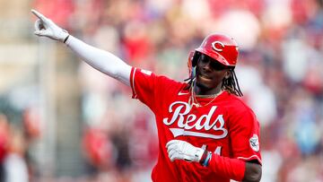 Jun 7, 2023; Cincinnati, Ohio, USA; Cincinnati Reds shortstop Elly De La Cruz (44) reacts after hitting a two-run home run in the first inning against the Los Angeles Dodgers at Great American Ball Park. Mandatory Credit: Katie Stratman-USA TODAY Sports