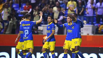 during the 17th round match between Puebla and America as part of the Torneo Clausura 2024 Liga BBVA MX at Cuauhtemoc Stadium on April 26, 2024 in Puebla, Mexico.