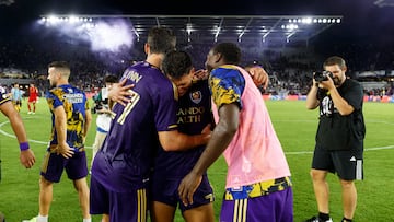 Orlando City SC forward Jack Lynn (27), forward Ramiro Enrique (7), and defender Abdi Salim (28)