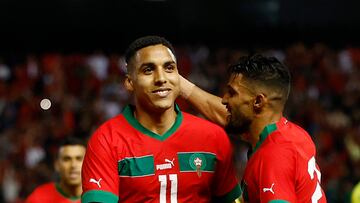 Soccer Football - International Friendly - Morocco v Brazil - Grand Stade de Tanger, Tangier, Morocco - March 25, 2023 Morocco's Abdelhamid Sabiri celebrates scoring their second goal with teammates REUTERS/Juan Medina