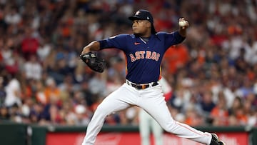 HOUSTON, TEXAS - OCTOBER 29: Framber Valdez #59 of the Houston Astros pitches in the fifth inning against the Philadelphia Phillies in Game Two of the 2022 World Series at Minute Maid Park on October 29, 2022 in Houston, Texas.   Sean M. Haffey/Getty Images/AFP