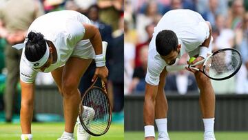 La tenista Ons Jabeur imita el gesto de Novak Djokovic tras su victoria ante Elena Rybakina en Wimbledon.
