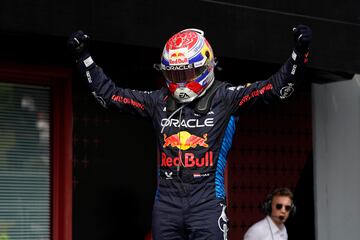 Max Verstappen celebra subido a su bólido su victoria en Ímola.
