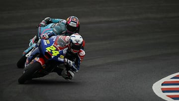 Spain's Marcos Ramirez and Colombia's David Alonso ride during a practice session of the Moto2 Argentina Grand Prix at the Termas de Rio Hondo circuit in Santiago del Estero, Argentina on March 14, 2025. (Photo by Luis ROBAYO / AFP) (Photo by LUIS ROBAYO/AFP via Getty Images)