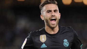 Real Madrid&#039;s forward from Spain Borja Mayoral celebrates a goal during the Spanish league football match Real Sociedad vs Real Madrid CF at the Anoeta stadium in San Sebastian on September 17, 2017. / AFP PHOTO / ANDER GILLENEA