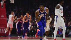 LOS ANGELES, CA - NOVEMBER 13: Joel Embiid #21 of the Philadelphia 76ers reacts to his three pointer during the first half against the LA Clippers at Staples Center on November 13, 2017 in Los Angeles, California.   Harry How/Getty Images/AFP
 == FOR NEWSPAPERS, INTERNET, TELCOS &amp; TELEVISION USE ONLY ==