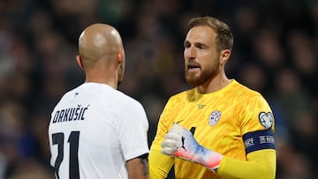 Soccer Football - FIFA World Cup - UEFA Qualifiers - Group B - Kosovo v Slovenia - Fadil Vokrri Stadium, Pristina, Kosovo - October 10, 2025 Slovenia's Jan Oblak and Vanja Drkusic REUTERS/Valdrin Xhemaj