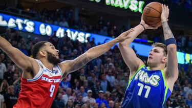 Dec 8, 2019; Dallas, TX, USA; Dallas Mavericks forward Luka Doncic (77) misses his final shot to tie the game as Sacramento Kings guard Cory Joseph (9) defends during the second half at the American Airlines Center. Mandatory Credit: Jerome Miron-USA TODA