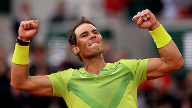 PARIS, FRANCE - MAY 29: Rafael Nadal of Spain celebrates match point against Felix Auger-Aliassime of Canada during the Men's Singles Fourth Round match on Day 8 of The 2022 French Open at Roland Garros on May 29, 2022 in Paris, France. (Photo by Clive Br