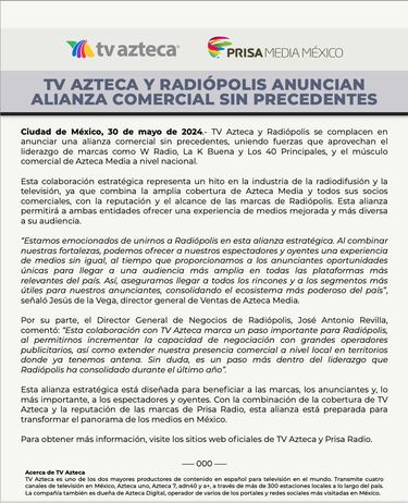 TV Azteca y Radiópolis anuncian alianza comercial sin precedentes