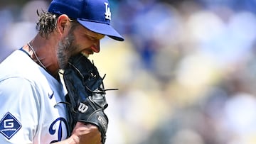Jul 20, 2025; Los Angeles, California, USA; Los Angeles Dodgers starting pitcher Clayton Kershaw (22) reacts after being relieved from the game against the Milwaukee Brewers during the fifth inning at Dodger Stadium. Mandatory Credit: Jonathan Hui-Imagn Images