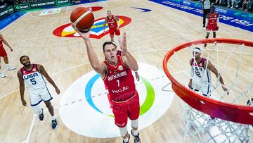 Johannes Voigtmann #7 of Germany shoots the ball in the first half during the FIBA Basketball World Cup semifinal game against the United States at Mall of Asia Arena in Manila on September 8, 2023. (Photo by POOL / AFP)