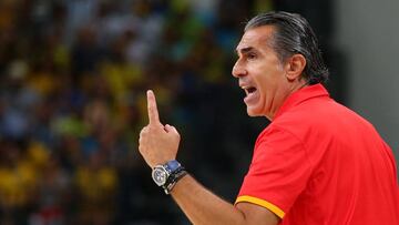 RIO DE JANEIRO, BRAZIL - AUGUST 09: Head coach Sergio Scariolo of Spain looks on during a preliminary round basketball game between Spain and Brazil on Day 4 of the Rio 2016 Olympic Games at the Carioca Arena 1 on August 9, 2016 in Rio de Janeiro, Brazil. (Photo by Alex Livesey/Getty Images)