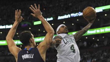 Nov 16, 2016; Boston, MA, USA; Boston Celtics guard Isaiah Thomas (4) drives to the basket past Dallas Mavericks forward Dwight Powell (7) during the second half at TD Garden. Mandatory Credit: Bob DeChiara-USA TODAY Sports