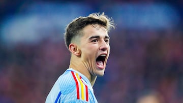 Oslo (Norway), 15/10/2023.- Spain's Gavi celebrates the 0-1 goal during the UEFA EURO 2024 group A qualifying soccer match between Norway and Spain, in Oslo, Norway, 15 October 2023. (Noruega, España) EFE/EPA/Frederik Ringnes NORWAY OUT
