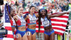 Melissa Jefferson, Abby Steiner, Jenna Prandini, and Twanisha Terry of Team United States celebrate winning gold in the Women's 4x100m Relay Final on day nine of the World Athletics Championships Oregon22 at Hayward Field on July 23, 2022 in Eugene, Oregon.