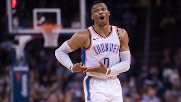 Nov 28, 2018; Oklahoma City, OK, USA; Oklahoma City Thunder guard Russell Westbrook (0) reacts after scoring against the Cleveland Cavaliers during the fourth quarter at Chesapeake Energy Arena. Mandatory Credit: Rob Ferguson-USA TODAY Sports