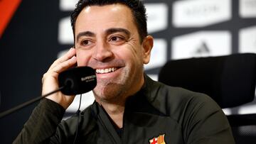 Soccer Football - Spanish Super Cup - Final - FC Barcelona Press Conference - Al-Awwal Park, Riyadh, Saudi Arabia - January 13, 2024 FC Barcelona coach Xavi during the press conference REUTERS/Juan Medina