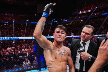 LAS VEGAS, NEVADA - JUNE 29: Diego Lopes of Brazil reacts to his victory over Dan Ige in a 165-pound catchweight fight during the UFC 303 event at T-Mobile Arena on June 29, 2024 in Las Vegas, Nevada. (Photo by Jeff Bottari/Zuffa LLC via Getty Images)