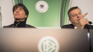 Joachim Löw pictured in today's press conference in Frankfurt.