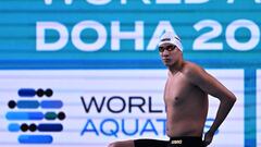 Tunisia's Ahmed Hafnaoui competes in a heat of the men's 400m freestyle swimming event during the 2024 World Aquatics Championships at Aspire Dome in Doha on February 11, 2024. (Photo by Manan VATSYAYANA / AFP)