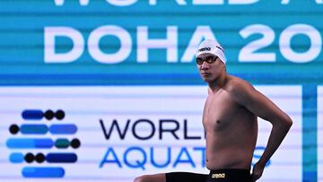 Tunisia's Ahmed Hafnaoui competes in a heat of the men's 400m freestyle swimming event during the 2024 World Aquatics Championships at Aspire Dome in Doha on February 11, 2024. (Photo by Manan VATSYAYANA / AFP)