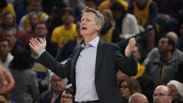 Apr 5, 2018; Indianapolis, IN, USA; Golden State Warriors coach Steve Kerr coaches on the sidelines against the Indiana Pacers during the first quarter at Bankers Life Fieldhouse. Mandatory Credit: Brian Spurlock-USA TODAY Sports