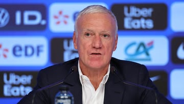 France's national football team head coach Didier Deschamps attends a press conference to announce the squad for Brazil and Colombia friendly matches at the French Football Federation (FFF) headquarters in Paris on March 18, 2026. (Photo by FRANCK FIFE / AFP)