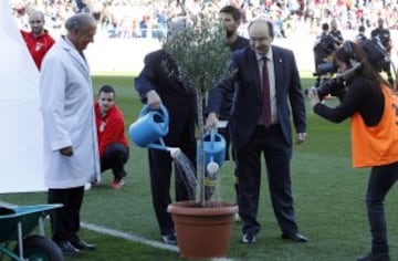 Pepe Castro y Enrique Cerezo riegan un olivo bendecido por el Papa. 