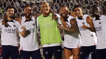 France's Paris Saint-Germain's Sergio Ramos (3R), Neymar Jr (2L), Keylor Navas (3L) and other players celebrate to win the mini game during their training session at a stadium in Tokyo on July 18, 2022. (Photo by AFP) (Photo by TOSHIFUMI KITAMURA/AFP via Getty Images)