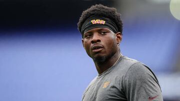 Brian Robinson of the Washington Commanders warms up before the preseason game against the Baltimore Ravens at M&T Bank Stadium on August 27, 2022 in Baltimore, Maryland.