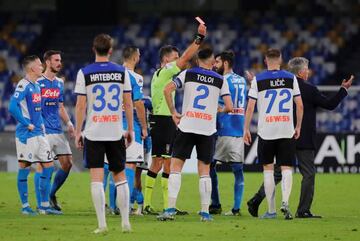 Napoli coach Carlo Ancelotti is shown a red card against Atalanta.