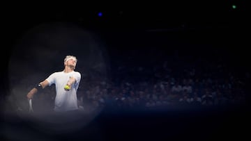 Spain's Alejandro Davidovich Fokina serves to Belgium's Raphael Collignon during their singles quarter-final match of the ATP European Open tennis tournament in Brussels, on October 17, 2025. (Photo by JASPER JACOBS / Belga / AFP) / Belgium OUT