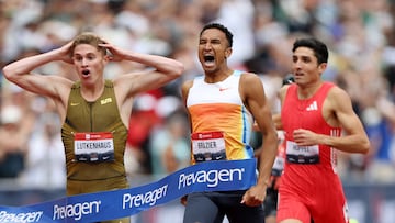 EUGENE, OREGON - AUGUST 03: Donavan Brazier wins the Prevagen Men's 800m final ahead of Cooper Lutkenhaus, who broke the U18 world record, and Bryce Hoppel during the 2025 USATF Outdoor Championships at Hayward Field on August 03, 2025 in Eugene, Oregon. Emilee Chinn/Getty Images/AFP (Photo by Emilee Chinn / GETTY IMAGES NORTH AMERICA / Getty Images via AFP)