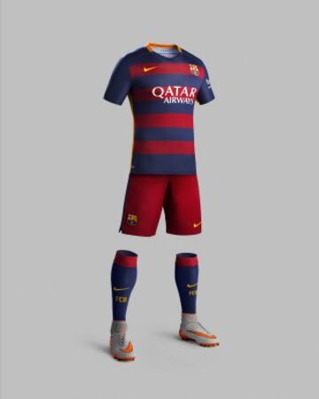 Presentación de la nueva equipación con franjas horizontales del Barcelona para la temporada 2015-2016.