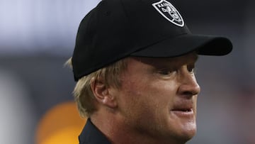 INGLEWOOD, CALIFORNIA - OCTOBER 04: Head coach Jon Gruden of the Las Vegas Raiders looks on before playing against the Los Angeles Chargers during the first half at SoFi Stadium on October 4, 2021 in Inglewood, California.   Sean M. Haffey/Getty Images/AF