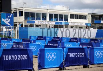 A view shows Tokyo 2020 Olympic Games signage at Tsurigasaki Beach, the surfing competition venue for the games, in Ichinomiya town, Chiba prefecture, Japan July 18, 2021. REUTERS/Issei Kato