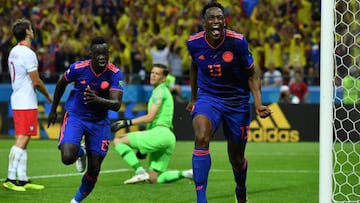 Yerry Mina marca el primer gol de Colombia ante Polonia en la segunda jornada del Grupo H del Mundial de Rusia 2018.