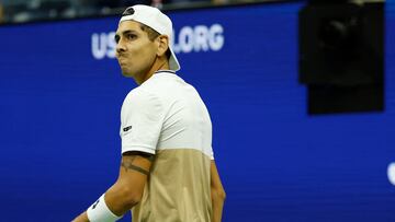 Aug 26, 2025; Flushing, NY, USA; Alejandro Tabilo (CHI) reacts after winning a point against Alexander Zverev (GER) (not pictured) on day three of the 2025 U.S. Open tennis tournament at the USTA Billie Jean King National Tennis Center at Billie Jean King National Tennis Center. Mandatory Credit: Amber Searls-Imagn Images