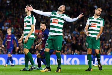 Lionel Messi of FC Barcelona celebrates after scoring his team's fourth goal.