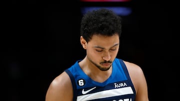 PORTLAND, OREGON - DECEMBER 12: Bryn Forbes #10 of the Minnesota Timberwolves reacts during the first half against the Portland Trail Blazers at Moda Center on December 12, 2022 in Portland, Oregon. NOTE TO USER: User expressly acknowledges and agrees that, by downloading and or using this photograph, User is consenting to the terms and conditions of the Getty Images License Agreement. (Photo by Soobum Im/Getty Images)