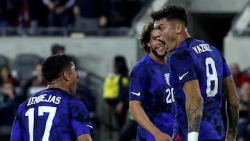 LOS ANGELES, CALIFORNIA - JANUARY 25: Brandon Vazquez #8 of the United States celebrates with Alex Zendejas #17 and Cade Cowell #20 after scoring a goal against Serbia during the first half in the International Friendly match at BMO Stadium on January 25, 2023 in Los Angeles, California.   Harry How/Getty Images/AFP (Photo by Harry How / GETTY IMAGES NORTH AMERICA / Getty Images via AFP)