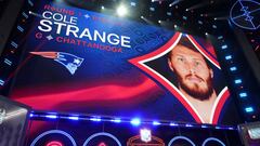 Apr 28, 2022; Las Vegas, NV, USA; Chattanooga guard Cole Strange is announced as the twenty-ninth overall pick to the New England Patriots during the first round of the 2022 NFL Draft at the NFL Draft Theater. Mandatory Credit: Kirby Lee-USA TODAY Sports