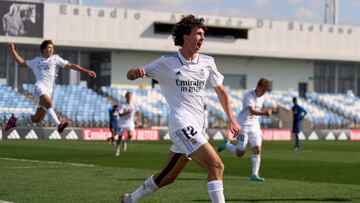 MADRID, SPAIN - MARCH 01: Ramon Navaceros of Real Madrid celebrates after scoring his team's secon goal during Round of 16 - UEFA Youth League match between Real Madrid and FC Salzburg at Estadio Alfredo Di Stefano on March 01, 2023 in Madrid, Spain. (Photo by Diego Souto/Quality Sport Images/Getty Images)